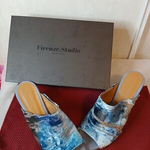 Firenze Studios Blue 3" Block Heel Suede  Top Mules. Made In Italy